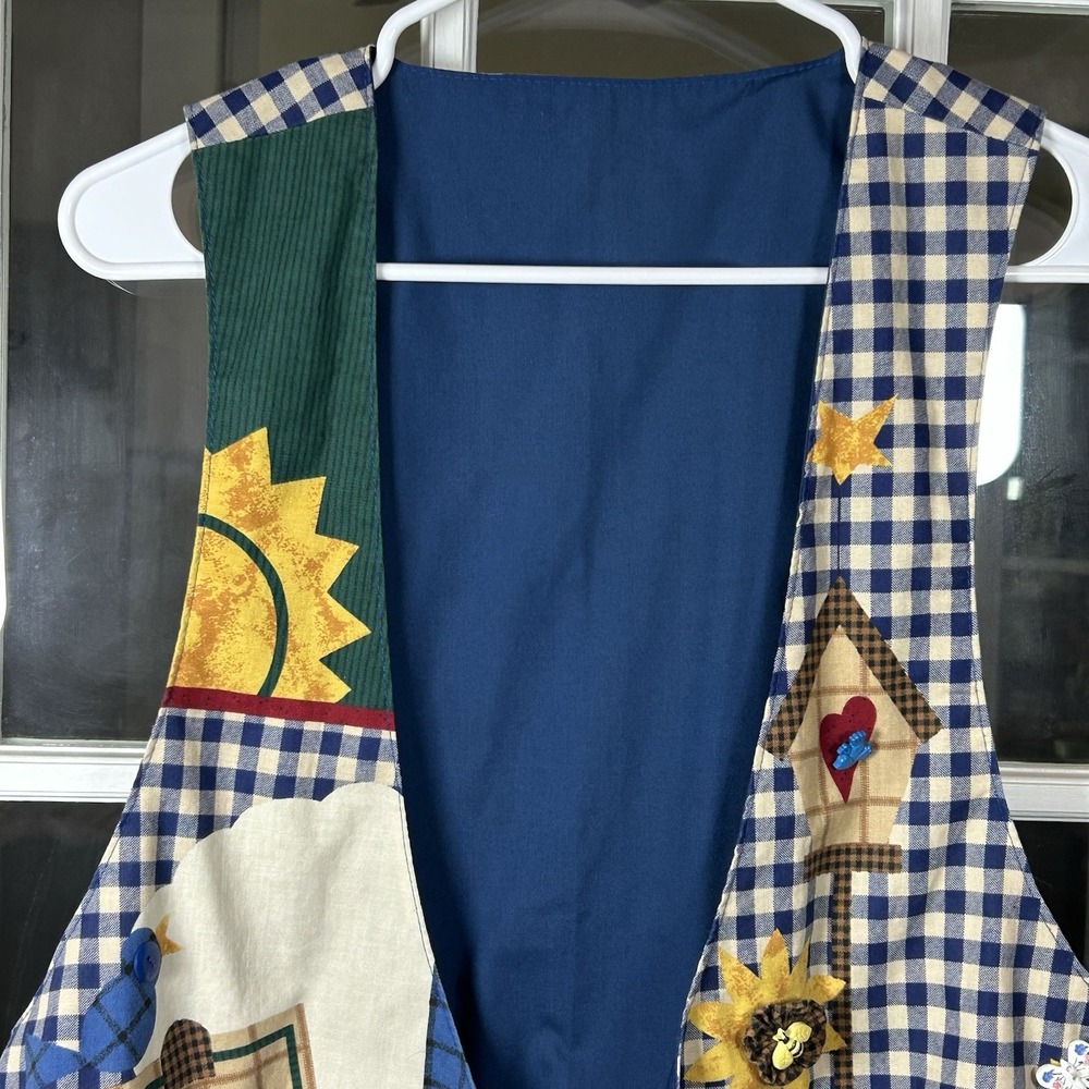 Handmade Blue Gingham Sunflower Appliqué Novelty Button Vest Cottagecore OS - Picture 2 of 15